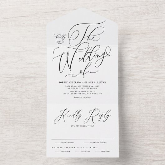 Black Elegant Whimsical Calligraphy Wedding All In One Uitnodiging (Binnen)