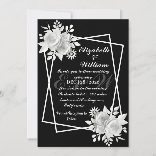 Black Elegant White Floral Wedding Kaart (Voorkant)