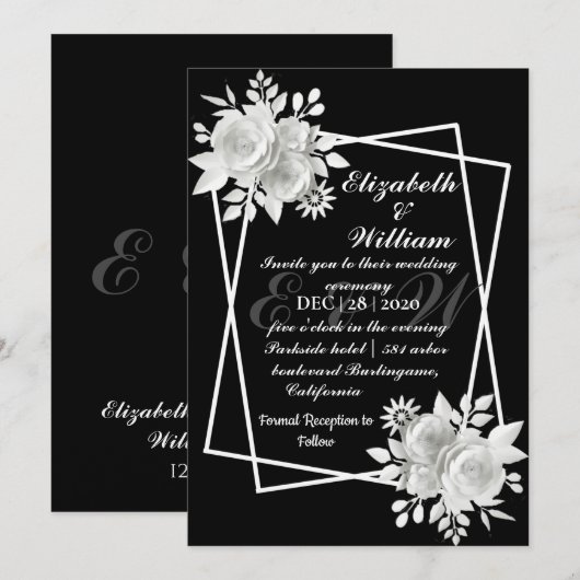 Black Elegant White Floral Wedding Kaart (Voorkant / Achterkant)