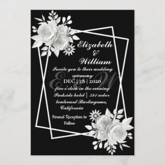 Black Elegant White Floral Wedding Kaart