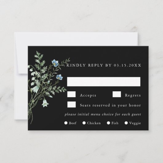 Black Elegant Wildflower Wedding Meal Choice RSVP (Voorkant)