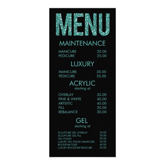 Black & Emerald Glitter Nail Salon Menu Kaarten (Voorkant)