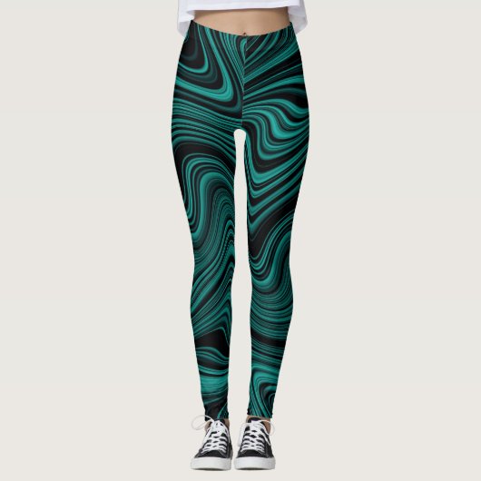 Black & Emerald golvende abstractie Leggings (Voorkant)