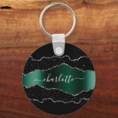 Black emerald green agate marmer name script sleutelhanger (Voorkant)