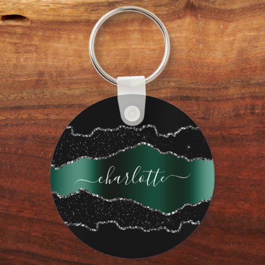 Black emerald green agate marmer name script sleutelhanger (Voorkant)