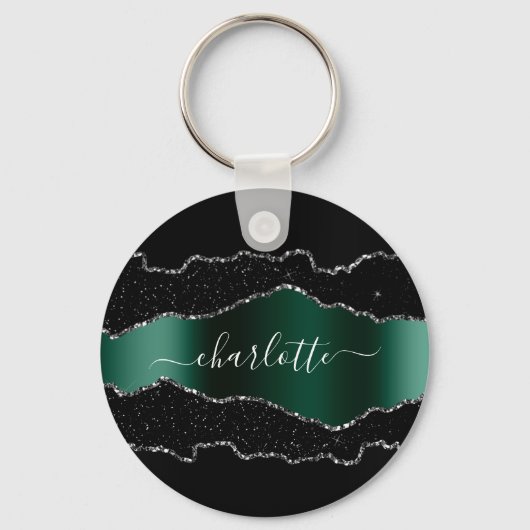 Black emerald green agate marmer name script sleutelhanger (Achterkant)