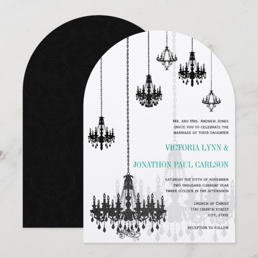 Black Emerald Green Damask Chandeliers Wedding Kaart (Voorkant / Achterkant)