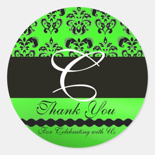 BLACK EMERALD GREEN DAMASK MONOGRAM Dank u Ronde Sticker (Voorkant)