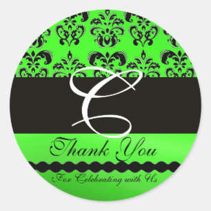 BLACK EMERALD GREEN DAMASK MONOGRAM Dank u Ronde Sticker