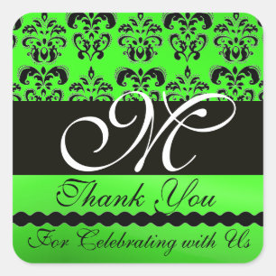 BLACK EMERALD GREEN DAMASK MONOGRAM Dank u Vierkante Sticker