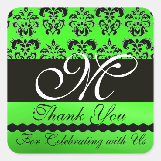 BLACK EMERALD GREEN DAMASK MONOGRAM Dank u Vierkante Sticker (Voorkant)