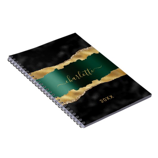 Black emerald green gold agate marmer name script notitieboek (Rechterzijde)