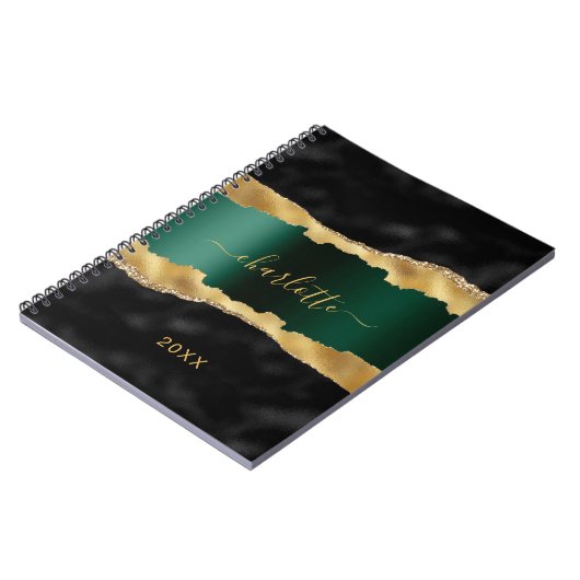 Black emerald green gold agate marmer name script notitieboek (Linkerzijde)