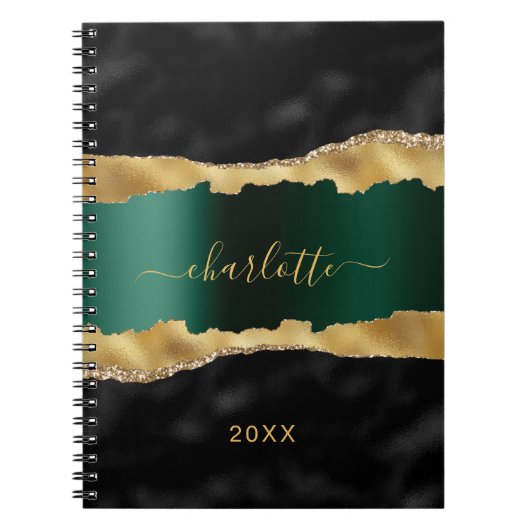 Black emerald green gold agate marmer name script notitieboek (Voorkant)