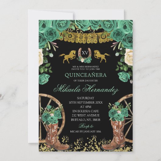 Black Emerald Green Hunter Westerne laarzen XV Año Kaart (Voorkant)