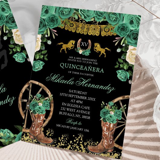 Black Emerald Green Hunter Westerne laarzen XV Año Kaart