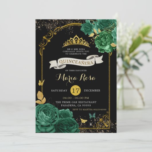 Black Emerald Green Royal Crown Quinceañera Kaart (Staand voorkant)