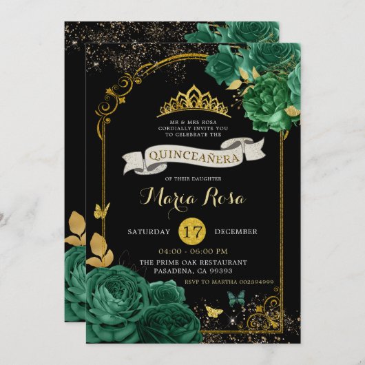 Black Emerald Green Royal Crown Quinceañera Kaart (Voorkant / Achterkant)