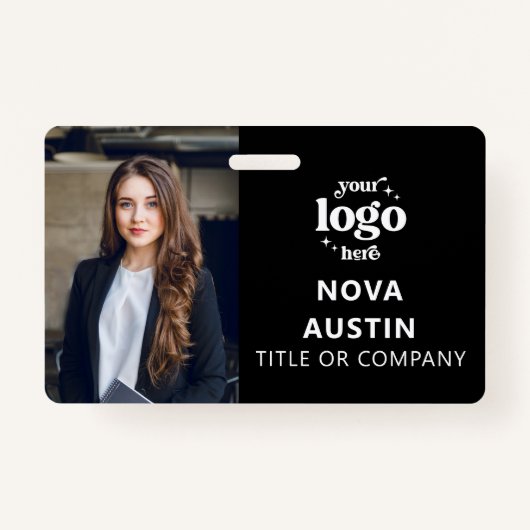 Black Employee Foto-ID met QR-code Business Logo Badge (Voorkant)