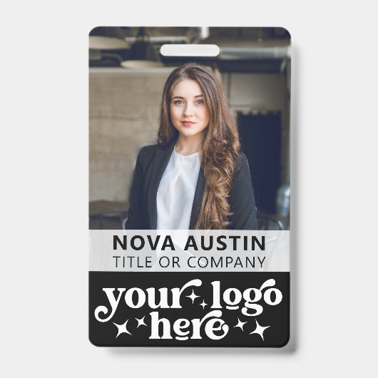 Black Employee Foto-ID met QR-code Business Logo Badge (Front)