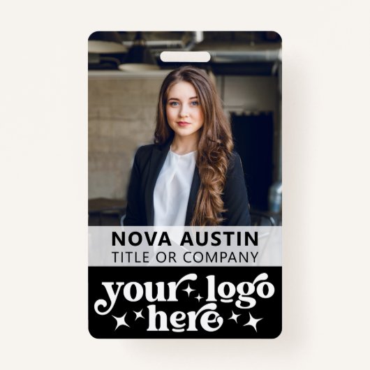 Black Employee Foto-ID met QR-code Business Logo Badge (Voorkant)