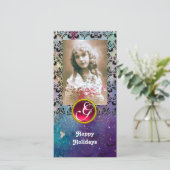 BLACK EN BLUE DAMASK Red Ruby Monogram Feestdagenkaart (Staand voorkant)