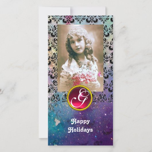 BLACK EN BLUE DAMASK Red Ruby Monogram Feestdagenkaart (Voorkant)