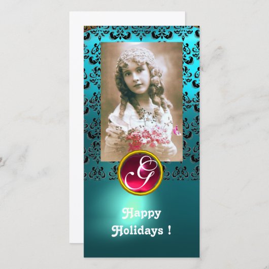 BLACK EN BLUE DAMASK Red Ruby Monogram Feestdagenkaart (Voorkant / Achterkant)