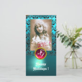 BLACK EN BLUE DAMASK Red Ruby Monogram Feestdagenkaart (Staand voorkant)