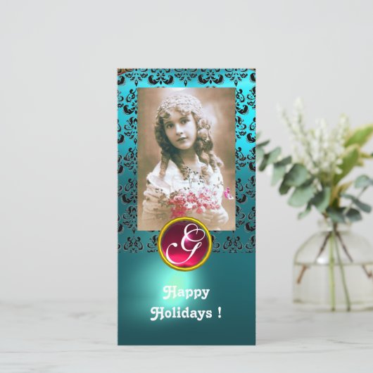 BLACK EN BLUE DAMASK Red Ruby Monogram Feestdagenkaart (Staand voorkant)