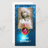 BLACK EN BLUE DAMASK Red Ruby Monogram Feestdagenkaart (Voorkant / Achterkant)