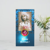 BLACK EN BLUE DAMASK Red Ruby Monogram Feestdagenkaart (Staand voorkant)