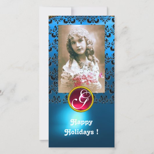 BLACK EN BLUE DAMASK Red Ruby Monogram Feestdagenkaart (Voorkant)