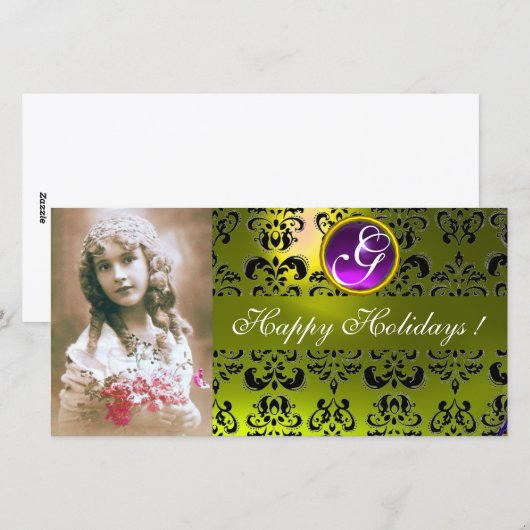 BLACK EN GEEL DAMASKAmethystmonogram Feestdagenkaart (Voorkant / Achterkant)