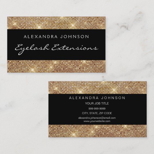 Black en Gold Elegant Sparkly Eyelash Extensions Visitekaartje (Voorkant / Achterkant)