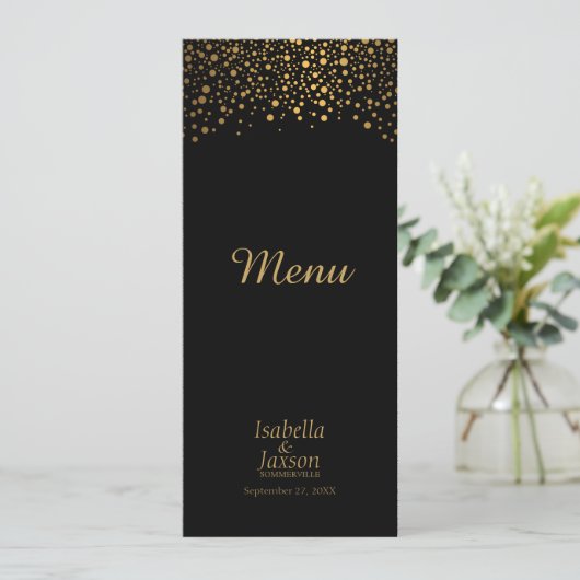 Black en Gold Faux Foil Confetti Stippen - Menu (Staand voorkant)