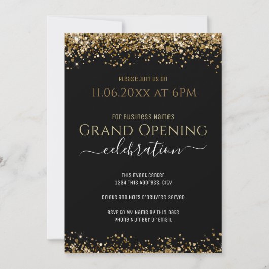 Black en Gold Glitter Grand Opening Business Kaart (Voorkant)