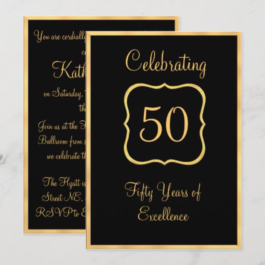 Black en Gold Invite Kaart (Voorkant / Achterkant)