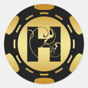 BLACK EN GOLD MONOGRAM LETTER H POKER CHIP RONDE STICKER