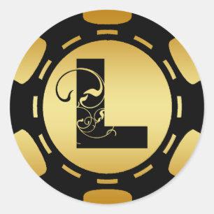 BLACK EN GOLD MONOGRAM LETTER L POKER CHIP RONDE STICKER