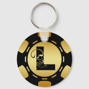 BLACK EN GOLD MONOGRAM LETTER L POKER CHIP SLEUTELHANGER