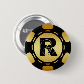 BLACK EN GOLD MONOGRAM LETTER R POKER CHIP RONDE BUTTON 5,7 CM (Voorkant /achterkant)