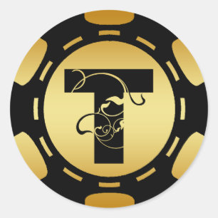 BLACK EN GOLD MONOGRAM LETTER T POKER CHIP RONDE STICKER