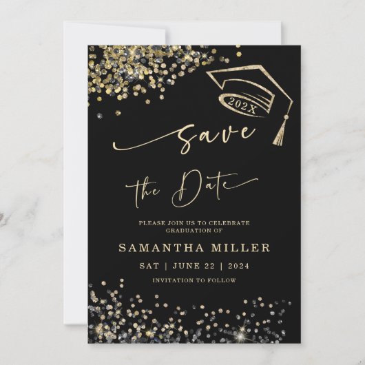Black en Gold Save the Date Afstuderen Kaart (Voorkant)