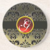BLACK EN GRAY DAMASK Red Ruby Monogram Zandsteen Onderzetter (Voorkant)