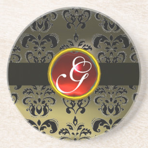 BLACK EN GRAY DAMASK Red Ruby Monogram Zandsteen Onderzetter