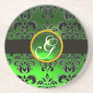 BLACK EN GREEN DAMASK Emerald Monogram Zandsteen Onderzetter