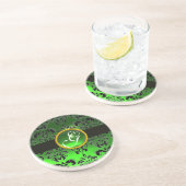 BLACK EN GREEN DAMASK Emerald Monogram Zandsteen Onderzetter (Zijkant)