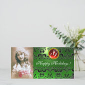 BLACK EN GREEN DAMASK Red Ruby Monogram Feestdagenkaart (Staand voorkant)