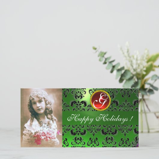 BLACK EN GREEN DAMASK Red Ruby Monogram Feestdagenkaart (Staand voorkant)